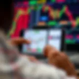 Mobile phone displaying forex trading charts with currency symbols and dynamic graphs