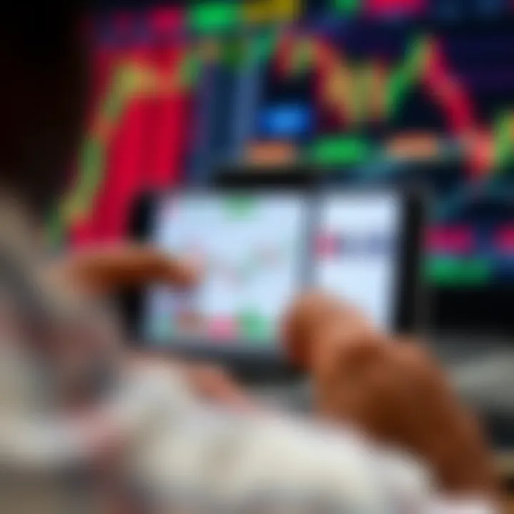 Mobile phone displaying forex trading charts with currency symbols and dynamic graphs