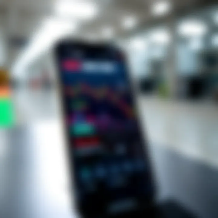 Mobile phone screen displaying a forex trading application interface with charts and currency pairs