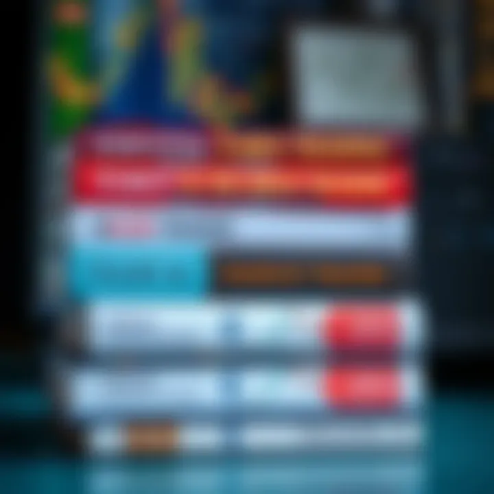 Stack of essential forex trading books with charts and currency symbols on the cover