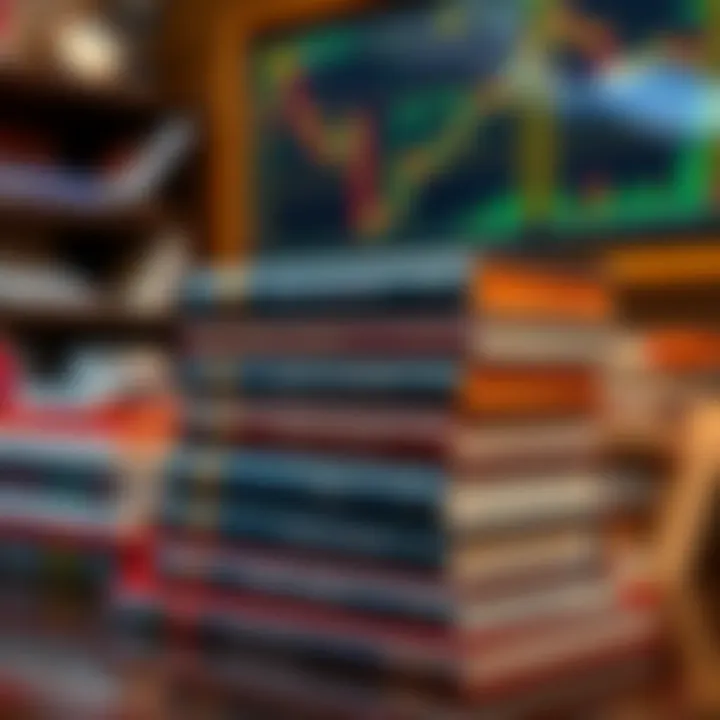 Stack of forex trading books with charts and currency symbols on table