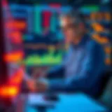 Professional analyzing data charts and financial reports to assess business risks