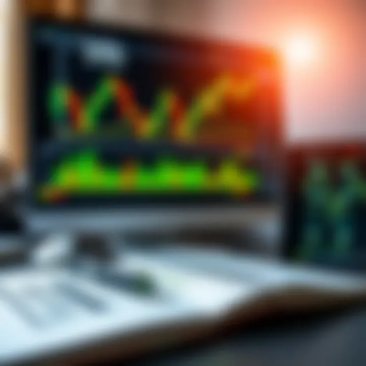Graph chart with forex market trends displayed on a computer screen alongside trading notebooks and a pen