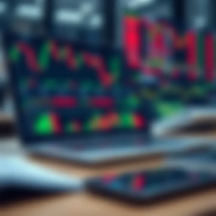Illustration of forex trading tools such as charts, indicators, and a laptop screen