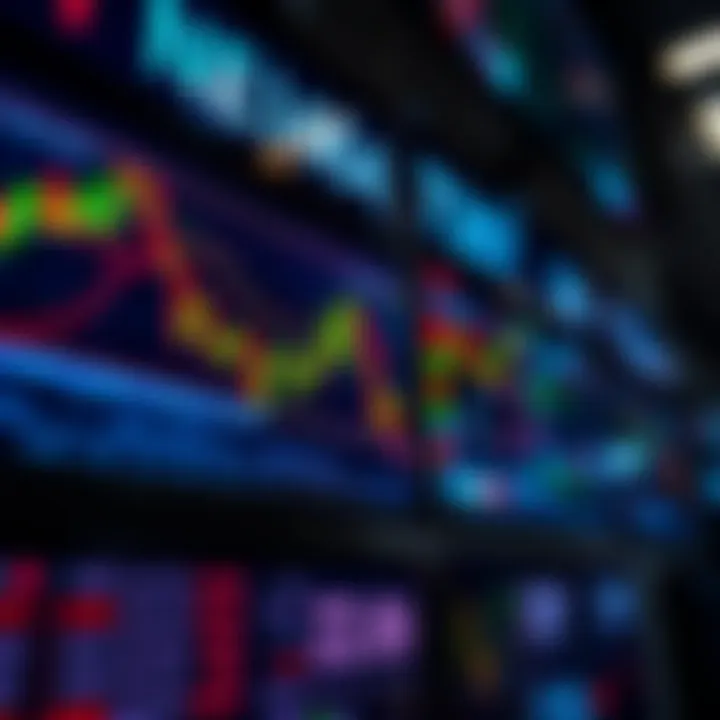Graph showing forex trading trends and currency exchange rates on digital screens