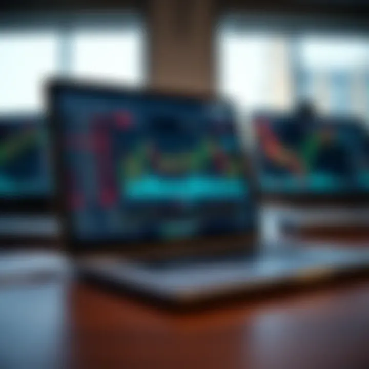 A digital interface displaying forex trading platforms with charts and currency pairs on a laptop screen