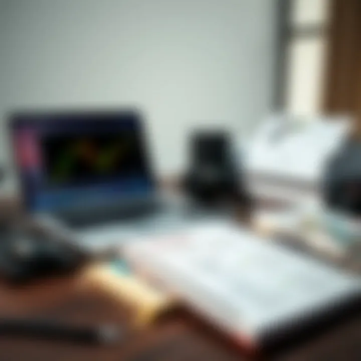 Collection of forex trading tools including a laptop, financial books, and a strategy notebook on a desk