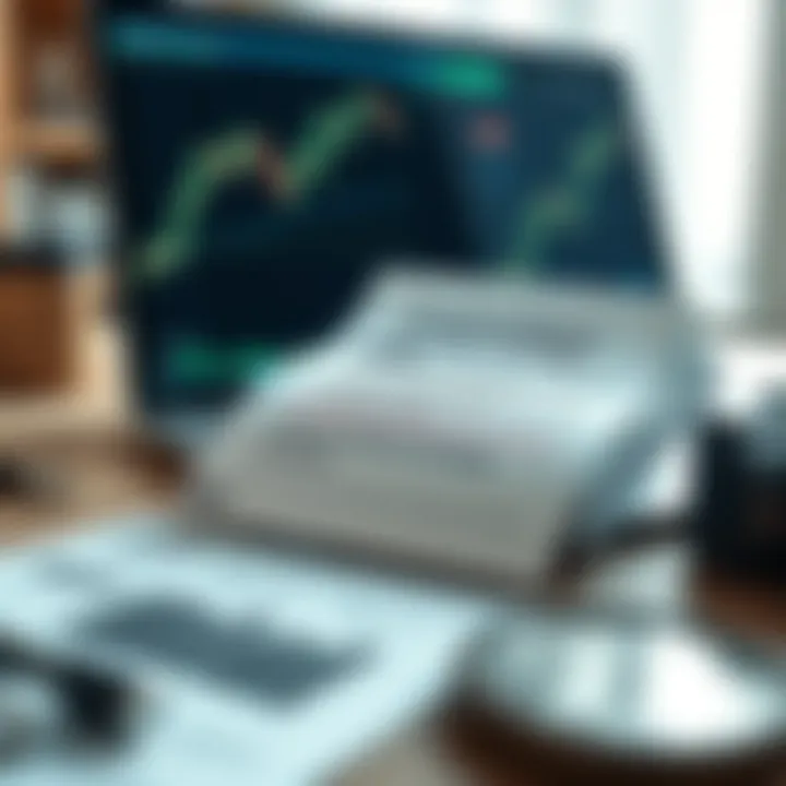 Open PDF document displaying binary options strategy guidelines alongside a laptop and financial tools