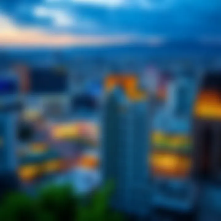 Overview of a city's commercial district representing business sectors driving risk management careers