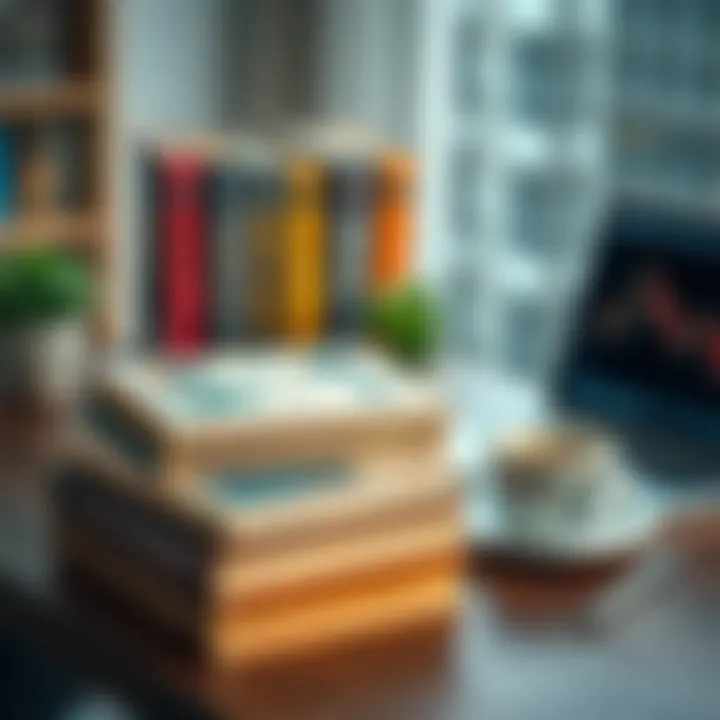 Collection of essential forex trading books arranged on a wooden table with a laptop and a cup of coffee