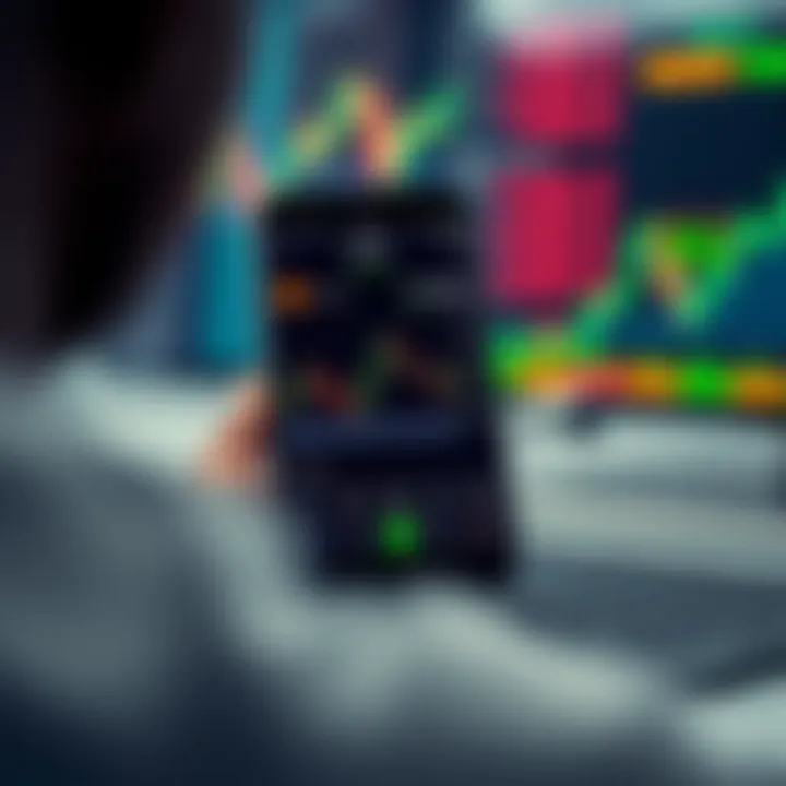 Mobile phone displaying a binary options trading app interface with charts and trade options