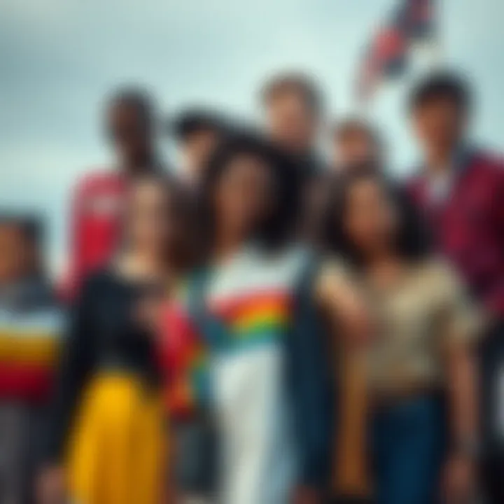 Diverse group of individuals expressing various gender identities through colorful clothing and symbols