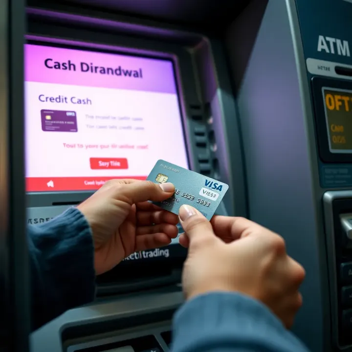Credit card inserted into cash machine showing cash withdrawal option on screen