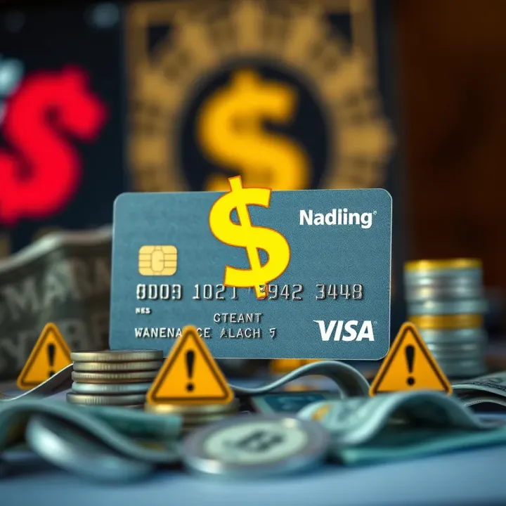 Illustration of credit card with dollar signs and warning symbols representing fees and interest