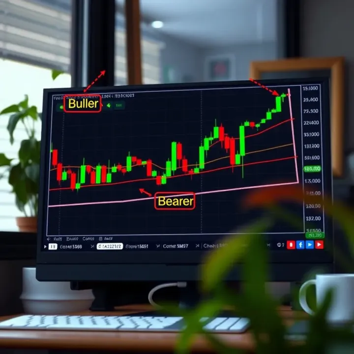 Open trading chart on computer screen highlighting bullish and bearish formations with annotations
