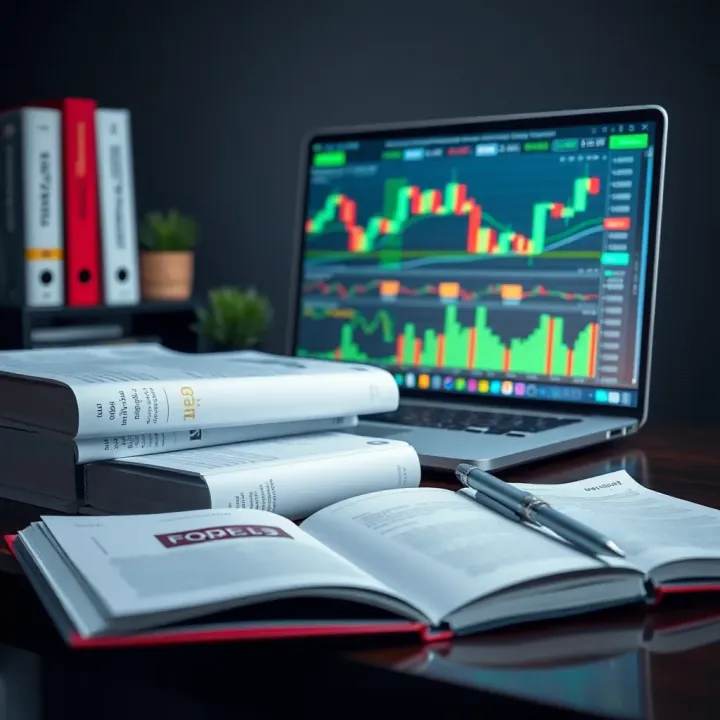 Desk setup with forex trading books and laptop showing currency market graphs