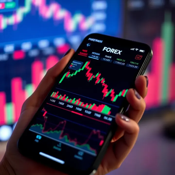 Smartphone displaying forex trading app interface with currency charts and data