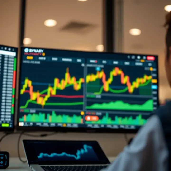 Dashboard view of a binary trading platform showing charts and trading options