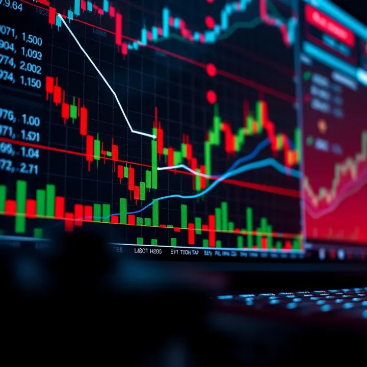 Conceptual illustration of binary trading strategy with digital graphs and risk indicators