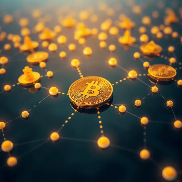 Digital representation of cryptocurrency icons connected by a network illustrating blockchain technology in Kenya