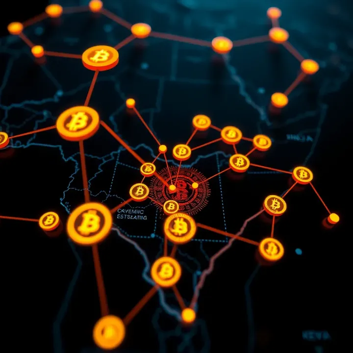 Digital currency symbols overlaying a map of Kenya highlighting cryptocurrency trading connections