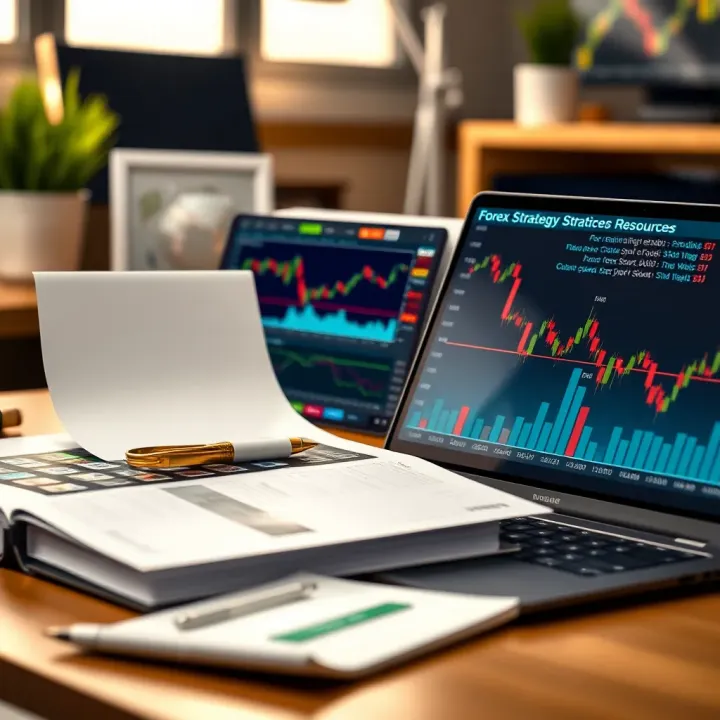 Collection of forex trading strategy guides and charts displayed on a desk with a laptop