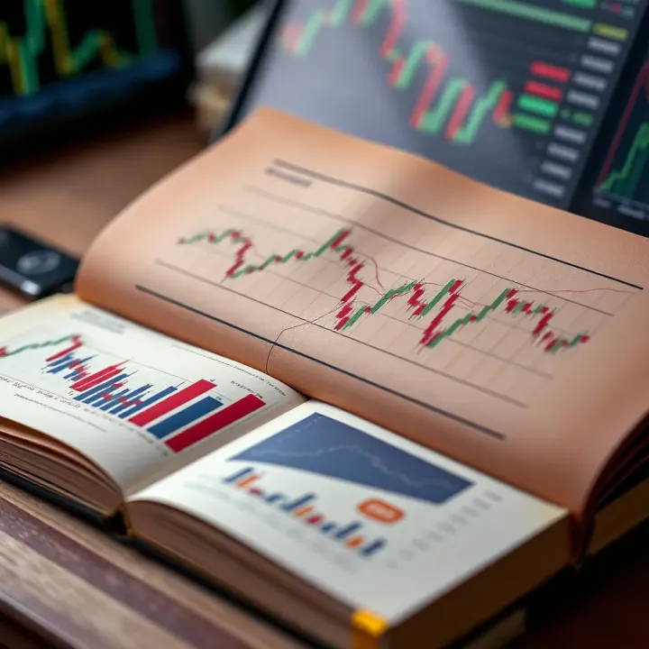 Open book with forex trading charts and graphs on pages