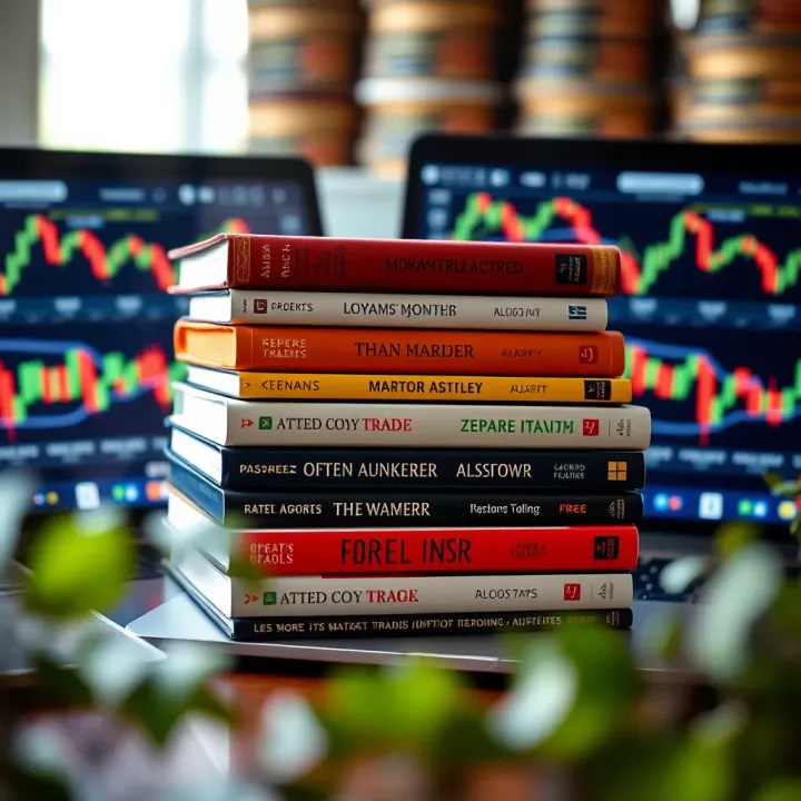 Stack of forex trading books alongside a laptop displaying Kenyan financial data