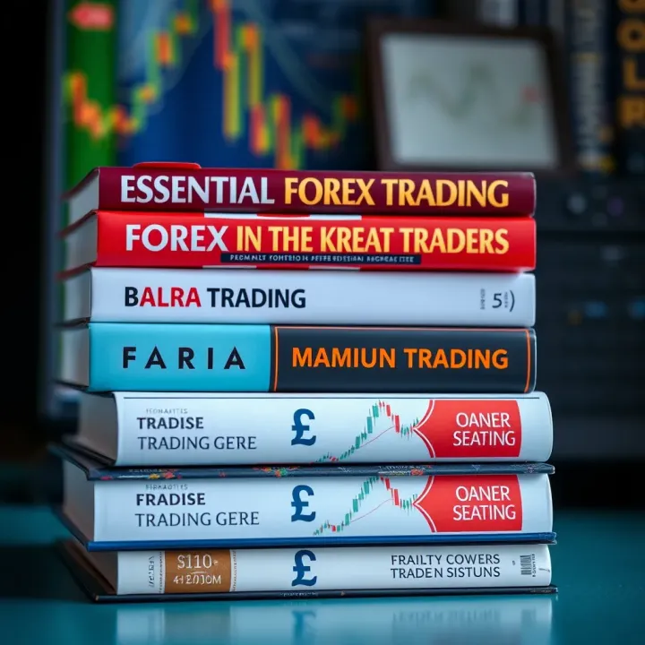 Stack of essential forex trading books with charts and currency symbols on the cover