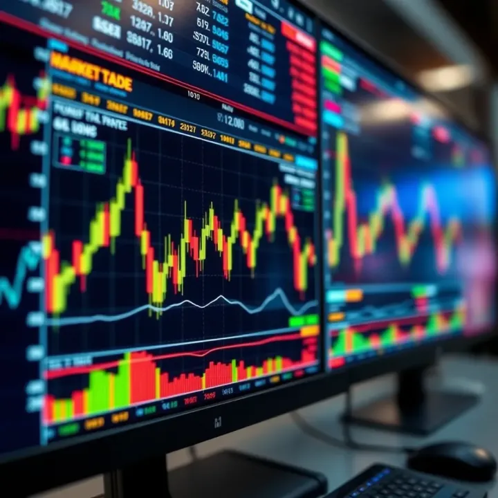 Digital screen displaying forex trading charts and market data with financial graphs