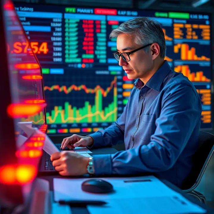 Professional analyzing data charts and financial reports to assess business risks