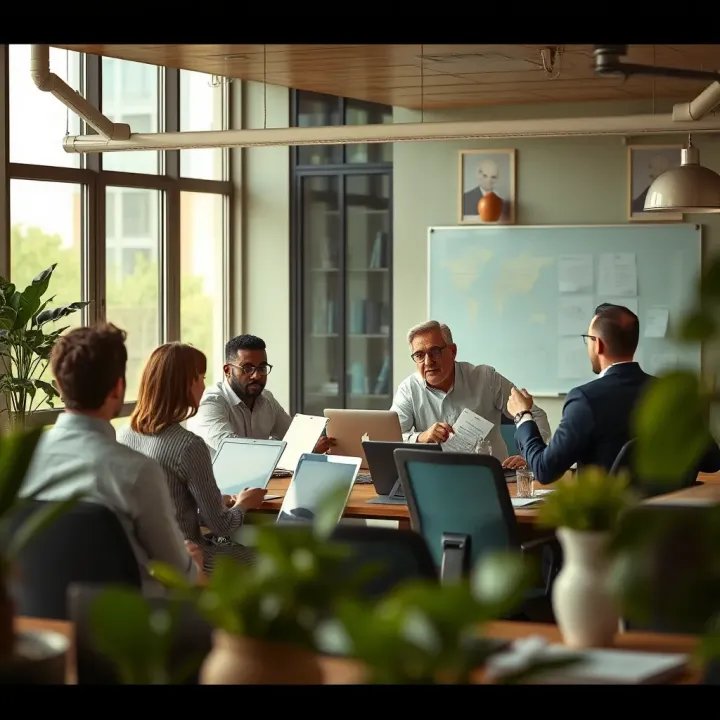 Collaborative Risk Strategy Discussion in Workplace Office setting showcasing collaborative team meeting discussing strategic risk plans