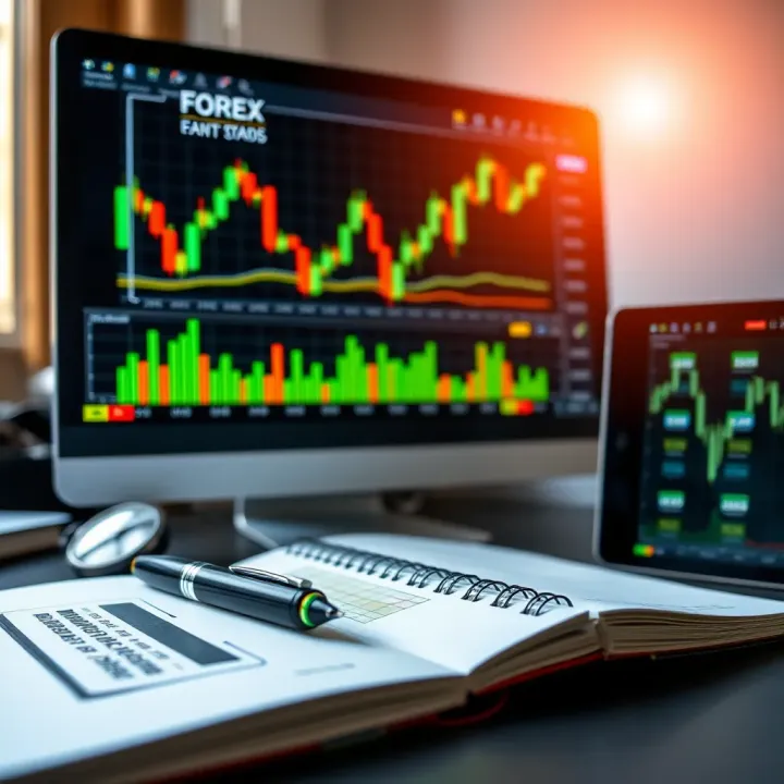 Graph chart with forex market trends displayed on a computer screen alongside trading notebooks and a pen