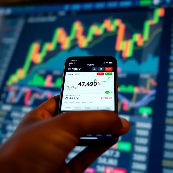 Mobile phone displaying forex trading app interface with currency charts and analytics