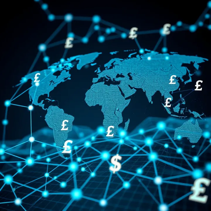 Illustration of global currency symbols interconnected on a digital network