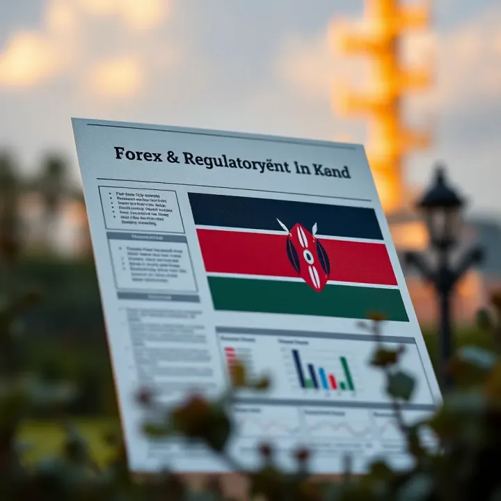 Illustration of a regulatory framework document with a Kenyan flag symbolizing forex trading rules