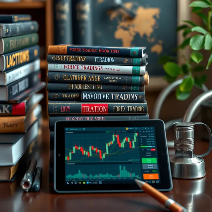 Collection of forex trading books stacked with a digital tablet showing trading charts