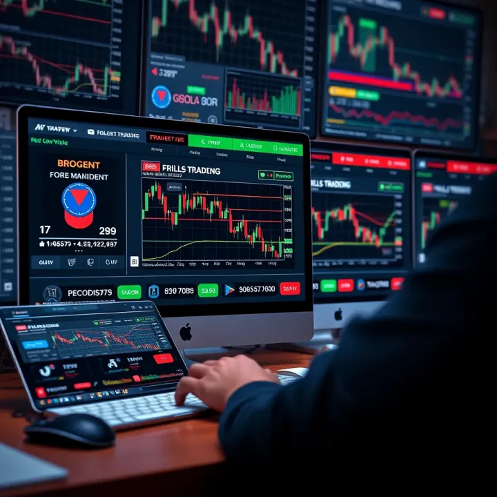 Conceptual illustration of forex trading strategies with multiple devices displaying charts and risk management icons