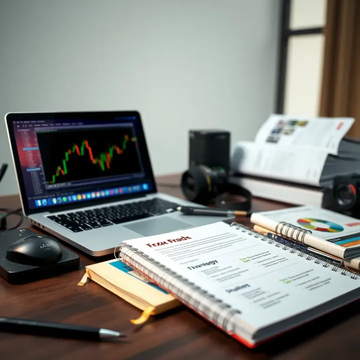 Essential Tools and Resources for Forex Trading Collection of forex trading tools including a laptop, financial books, and a strategy notebook on a desk
