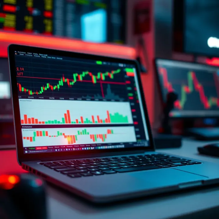 A laptop displaying forex charts and indicators used for market analysis in currency trading