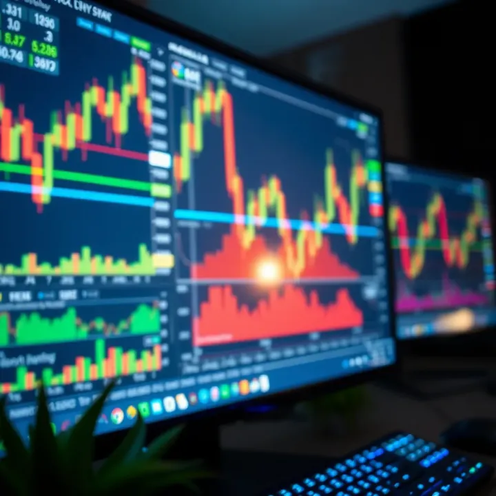 Illustration of a computer screen showing forex trading charts and market data