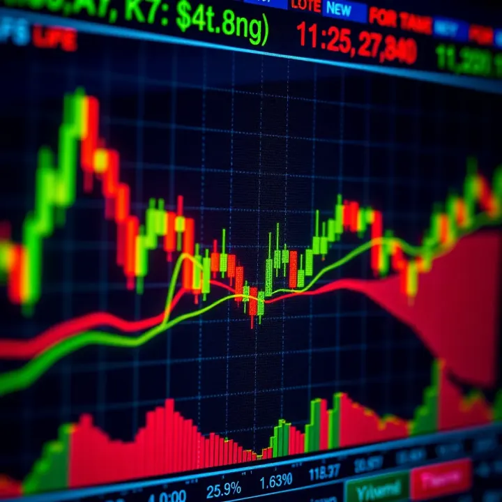 Illustration of a digital forex trading chart with candlestick patterns and currency pairs