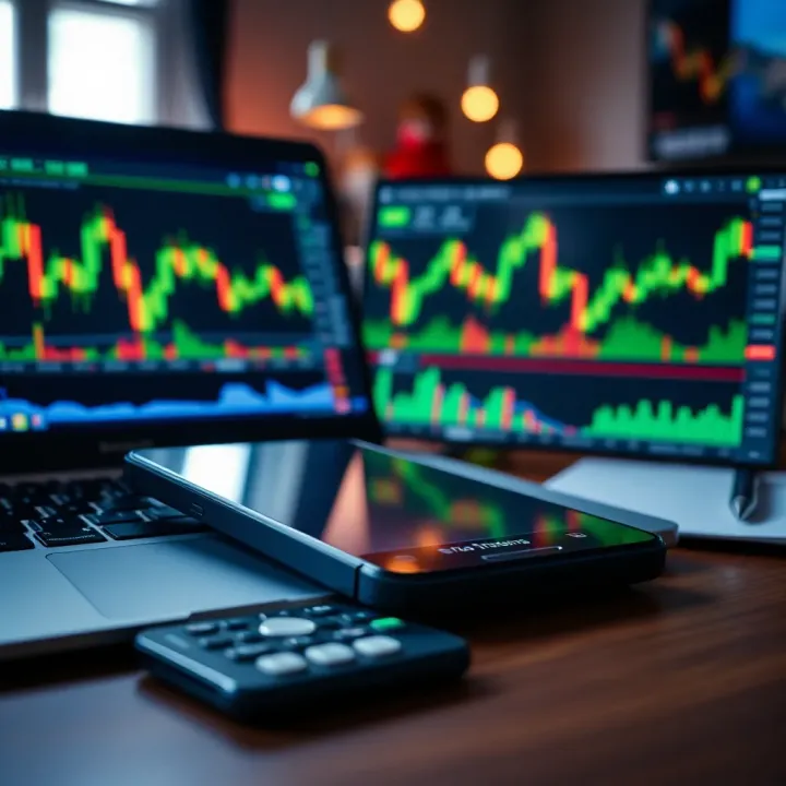 Visual representation of forex trading tools including a laptop, smartphone, and financial graphs