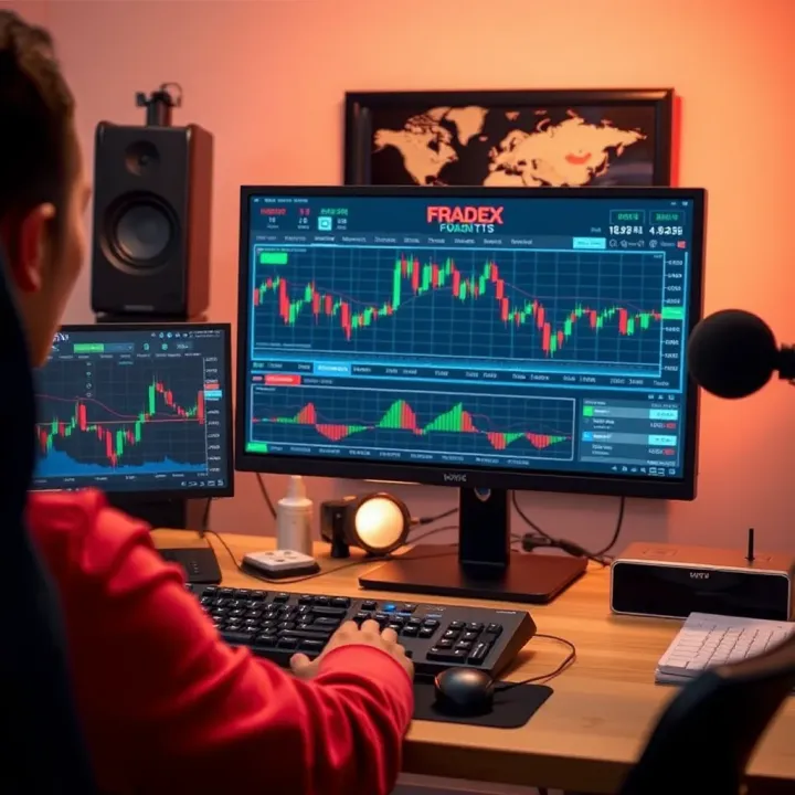 Workspace with computer displaying forex trading platform and financial data