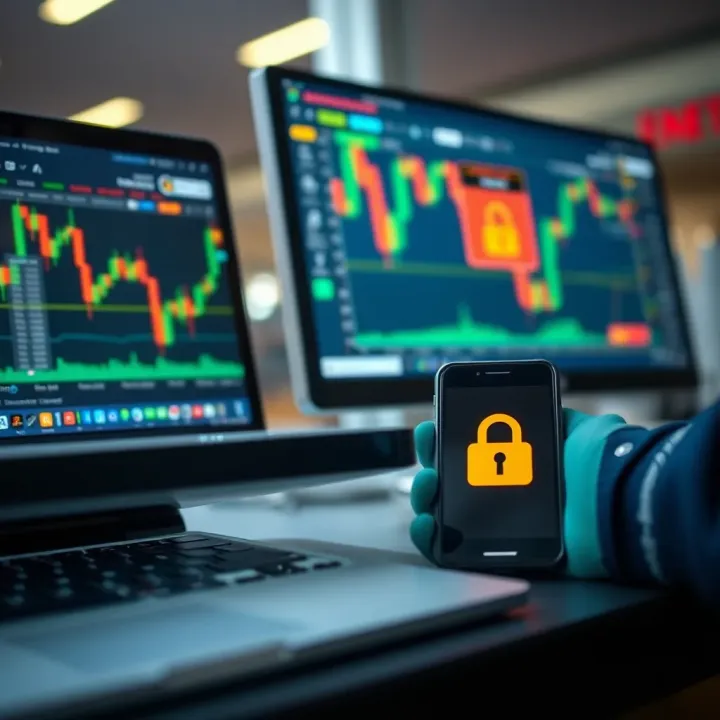 Mobile and desktop devices showing forex trading dashboard with authentication icons