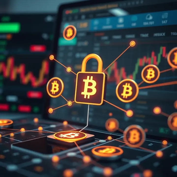 Illustration of cryptocurrency icons connected with a secure network symbolizing trading platforms