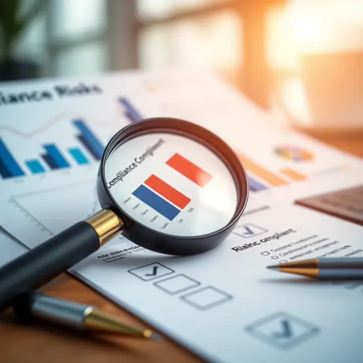 Evaluating and Managing Compliance Risks in Kenyan Enterprises Visual representation of risk evaluation with charts, magnifying glass, and checklist highlighting assessment of compliance risks in a business environment