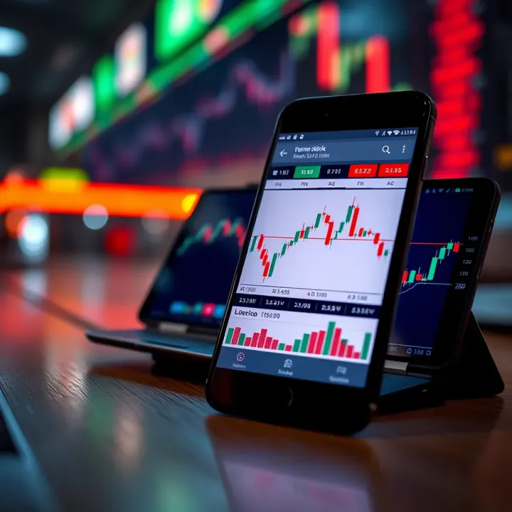 Smartphone screen displaying forex trading app with currency charts and analytics