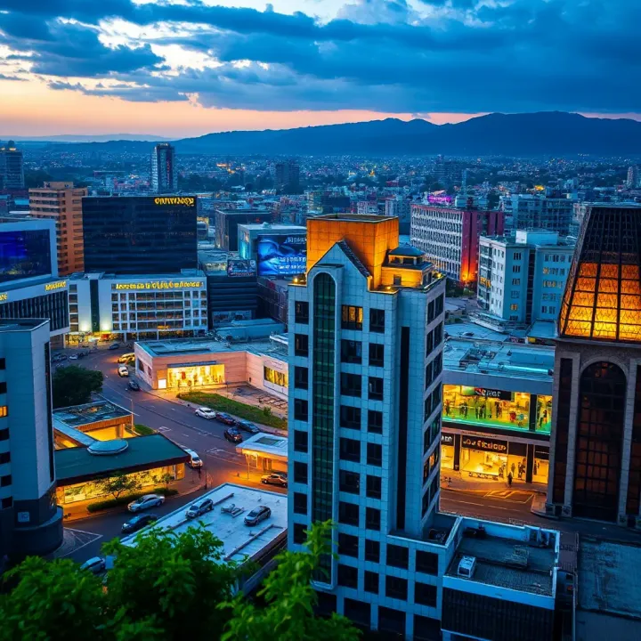 Overview of a city's commercial district representing business sectors driving risk management careers