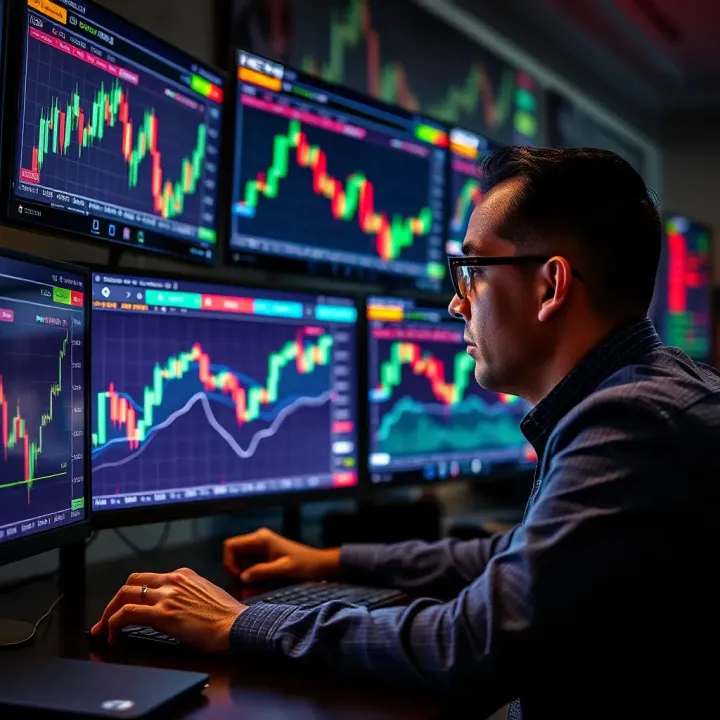 Illustration of a trader analyzing currency charts and market trends on multiple screens